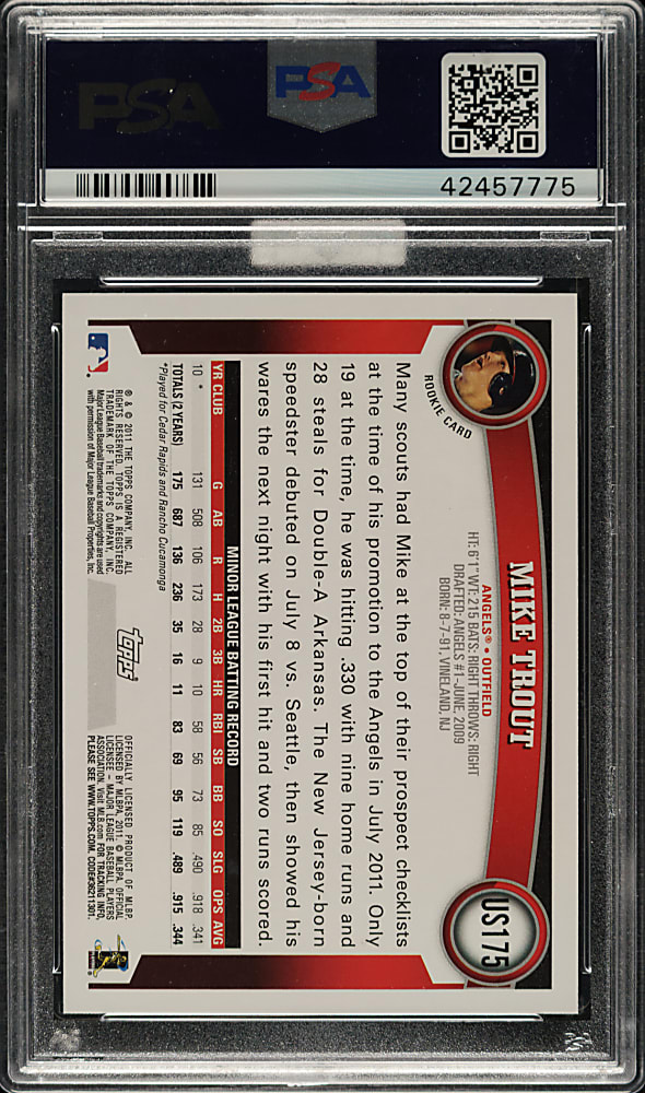 Signed 2011 Topps Update #US175 Mike Trout Rookie PSA GEM MINT 10 with GEM MINT 10 Signature (MBA Gold Diamond)
