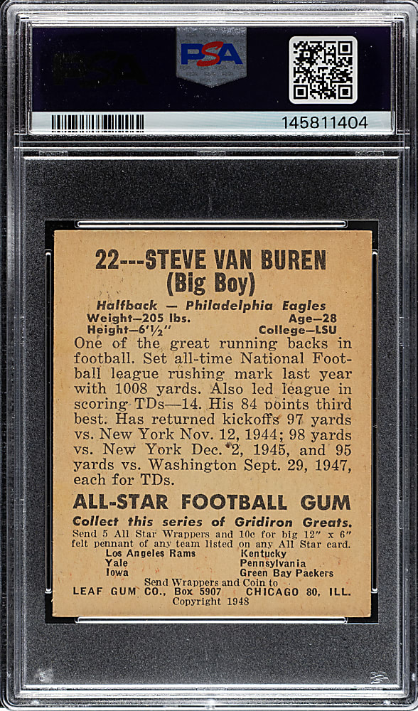 1948 Leaf Football #22 Steve Van Buren Rookie Green Jersey, Green Sock PSA NM 7