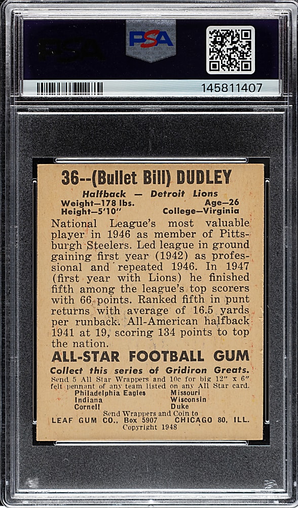 1948 Leaf Football #36 Bill Dudley Rookie PSA NM 7