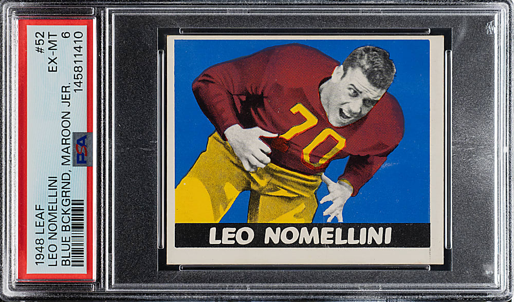 1948 Leaf Football #52 Leo Nomellini Rookie Blue Background, Maroon Jersey PSA EX-MT 6
