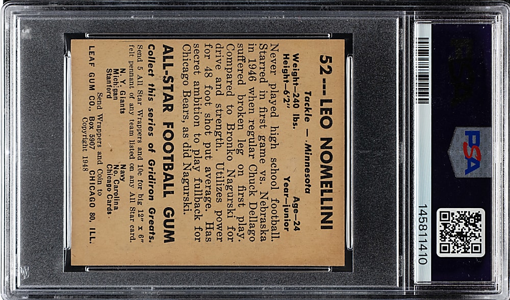 1948 Leaf Football #52 Leo Nomellini Rookie Blue Background, Maroon Jersey PSA EX-MT 6
