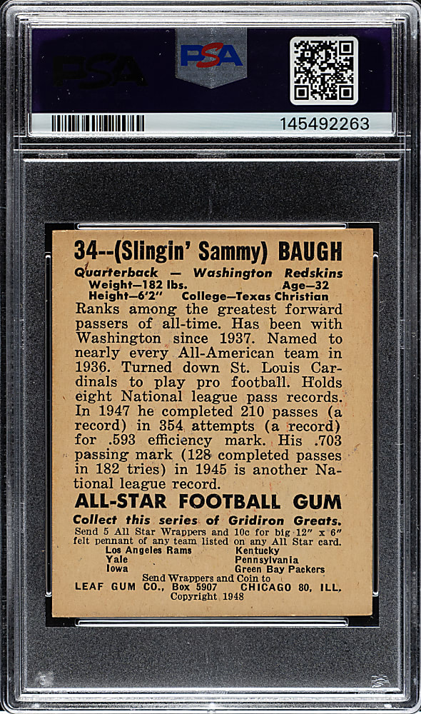 1948 Leaf Football #34 Sammy Baugh Rookie Red Jersey PSA EX-MT 6