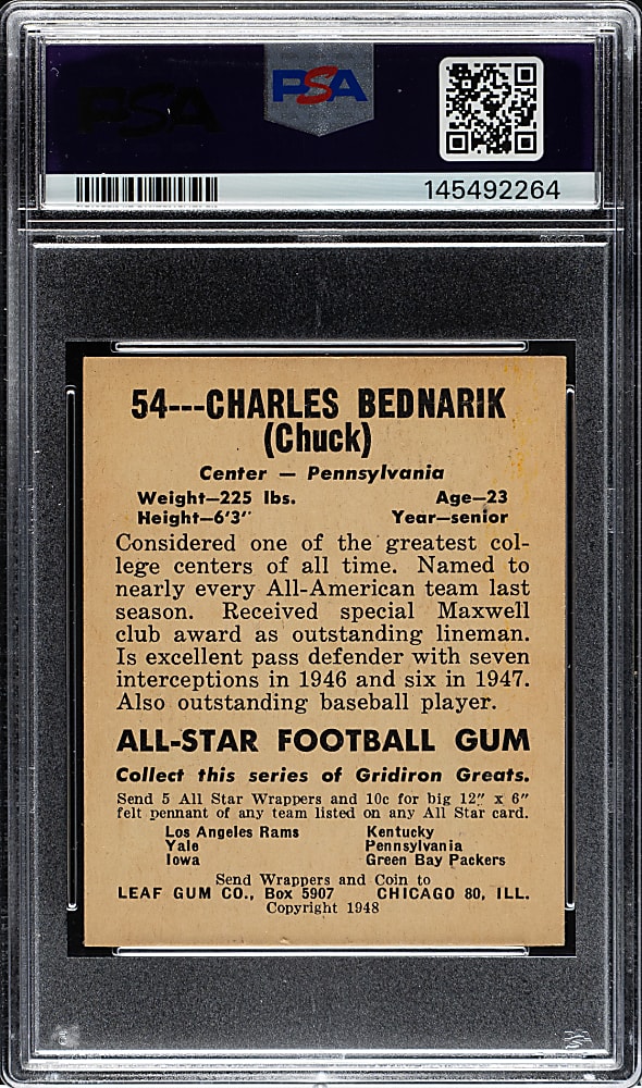 1948 Leaf Football #54 Chuck Bednarik Rookie Yellow Background PSA VG-EX 4
