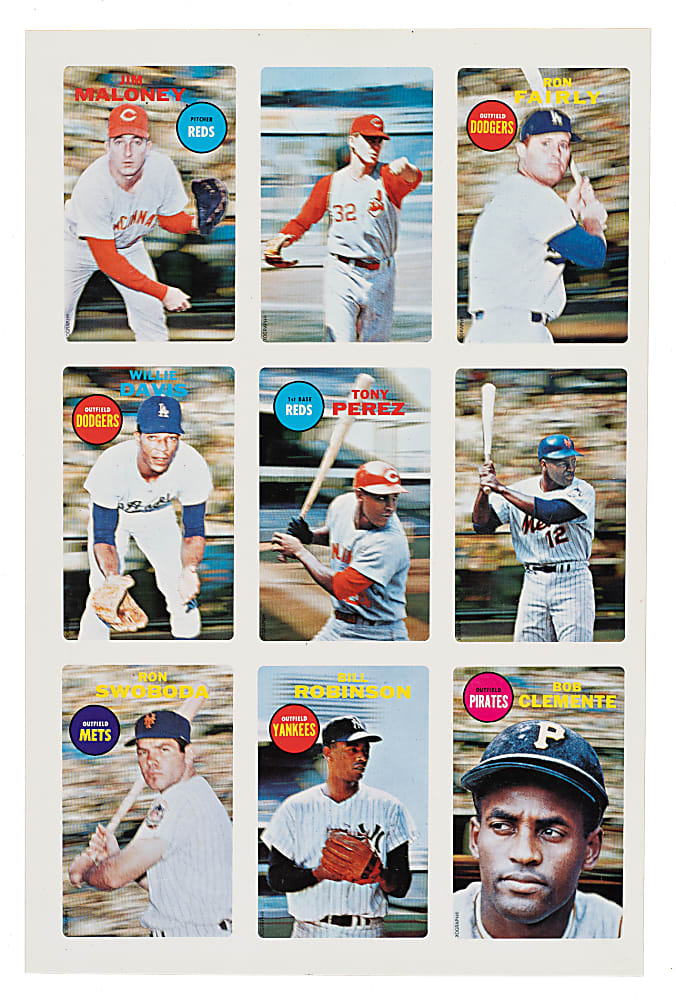1968 Topps 3-D Uncut Sheet with Roberto Clemente and Two Unissued Proof Cards