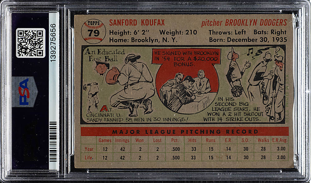 Signed 1956 Topps #79 Sandy Koufax Gray Back with "HOF 72" Inscription PSA EX 5 with MINT 9 Signature