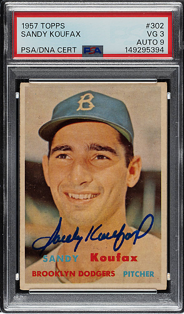 Signed 1957 Topps #302 Sandy Koufax PSA VG 3 with MINT 9 Signature