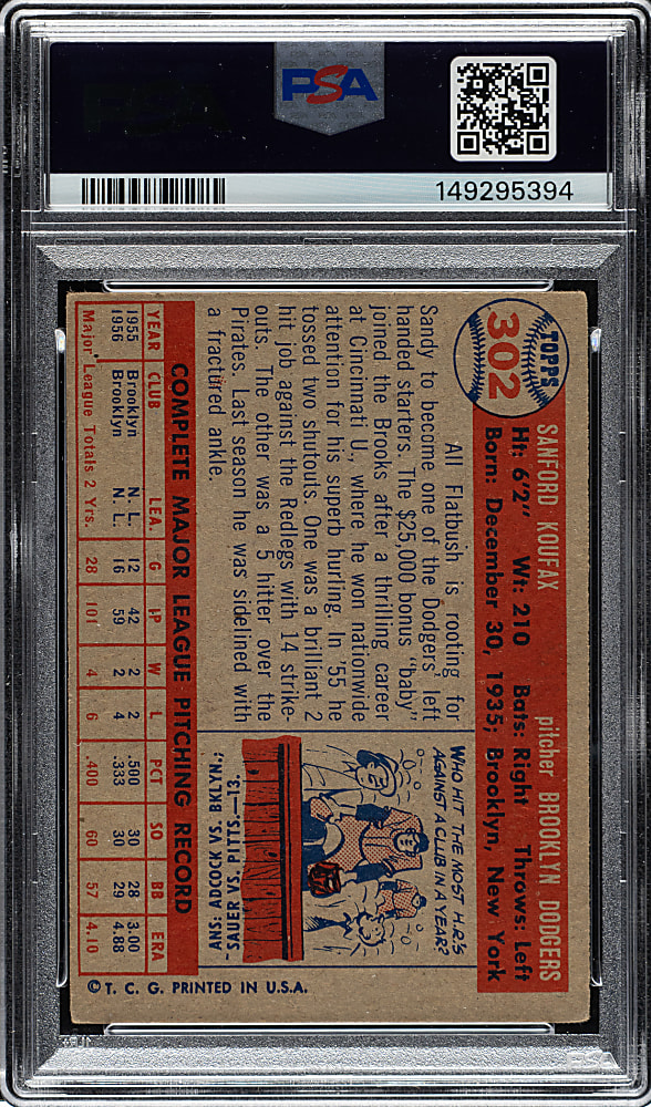 Signed 1957 Topps #302 Sandy Koufax PSA VG 3 with MINT 9 Signature