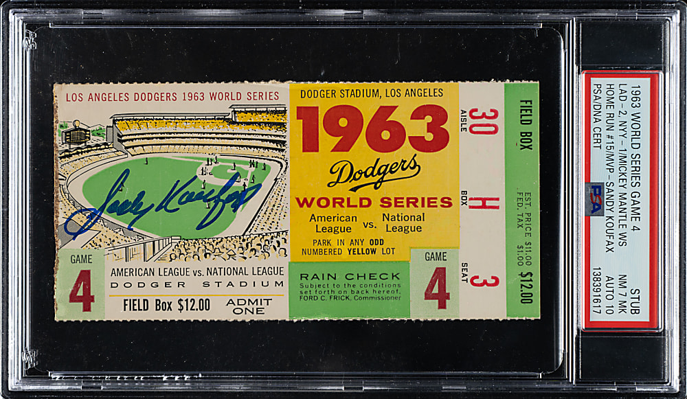 1963 Los Angeles Dodgers (vs. New York Yankees) World Series Game 4 Ticket Stub Signed by Sandy Koufax PSA NM 7 (MK) with GEM MINT 10 Signature - Mickey Mantle Home Run and Sandy Koufax Win