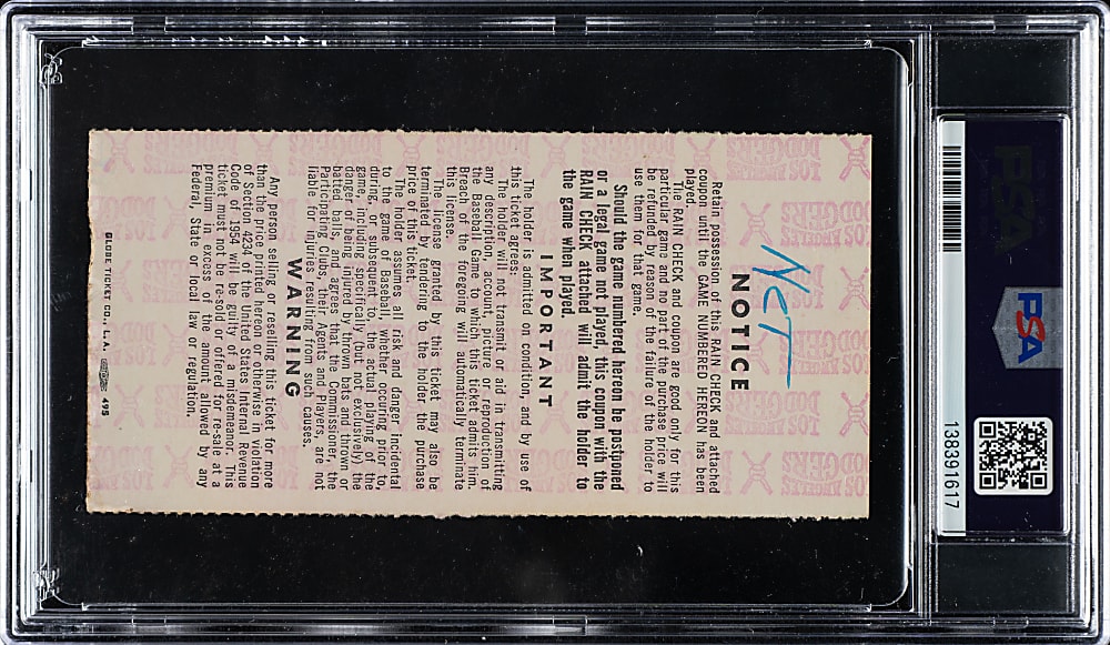 1963 Los Angeles Dodgers (vs. New York Yankees) World Series Game 4 Ticket Stub Signed by Sandy Koufax PSA NM 7 (MK) with GEM MINT 10 Signature - Mickey Mantle Home Run and Sandy Koufax Win
