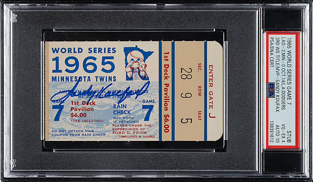 1965 Minnesota Twins (vs. Los Angeles Dodgers) World Series Game 7 Ticket Stub Signed by Sandy Koufax PSA VG-EX 4 with GEM MINT 10 Signature - Sandy Koufax MVP