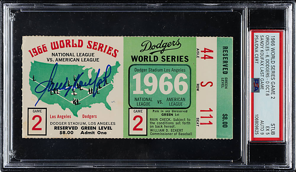 1966 Los Angeles Dodgers (vs. Baltimore Orioles) World Series Game 2 Ticket Stub Signed by Sandy Koufax PSA EX 5 with MINT 9 Signature - Sandy Koufax Last Game