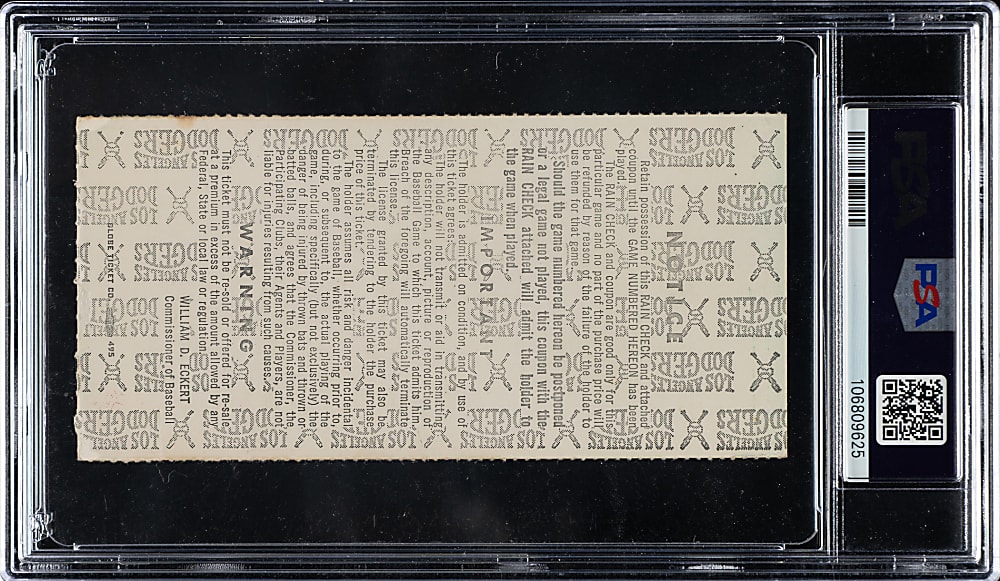 1966 Los Angeles Dodgers (vs. Baltimore Orioles) World Series Game 2 Ticket Stub Signed by Sandy Koufax PSA EX 5 with MINT 9 Signature - Sandy Koufax Last Game