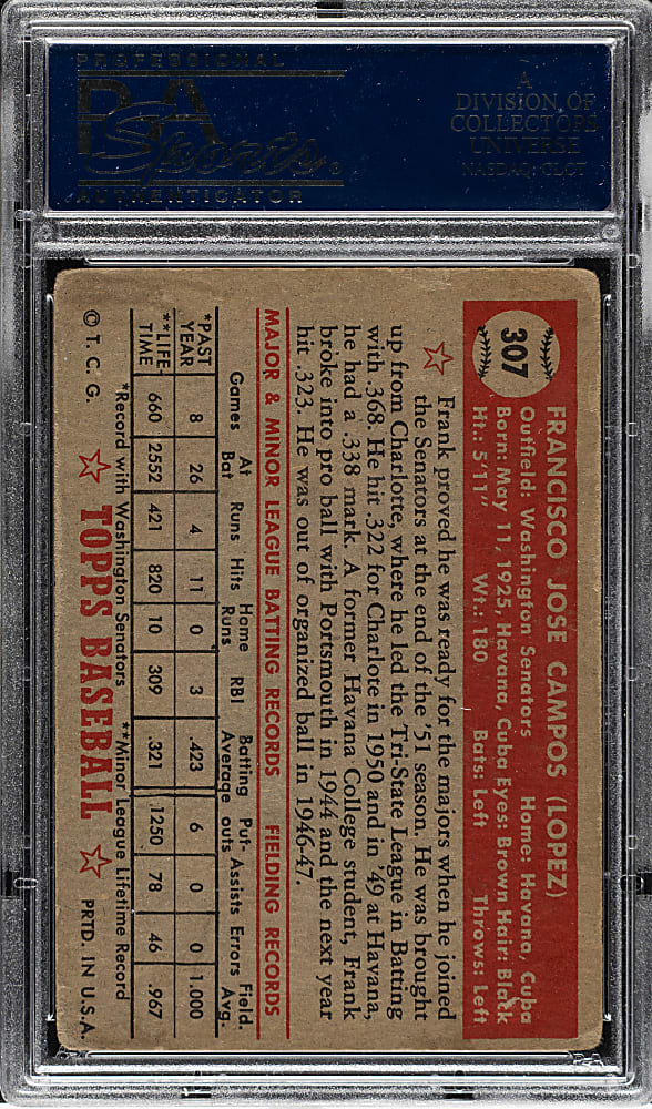 1952 Topps #307 Frank Campos PSA GOOD 2 - Rare "Partial Top Border" Variation