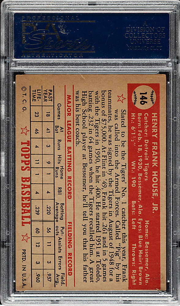 1952 Topps #146 Frank House PSA VG-EX 4 - Rare "Yellow Tigers Logo" Variation