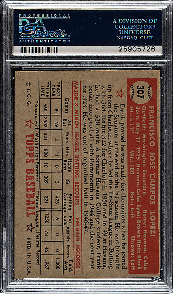 1952 Topps #307 Frank Campos PSA VG+ 3.5 - Rare "Black Star On Back" Variation