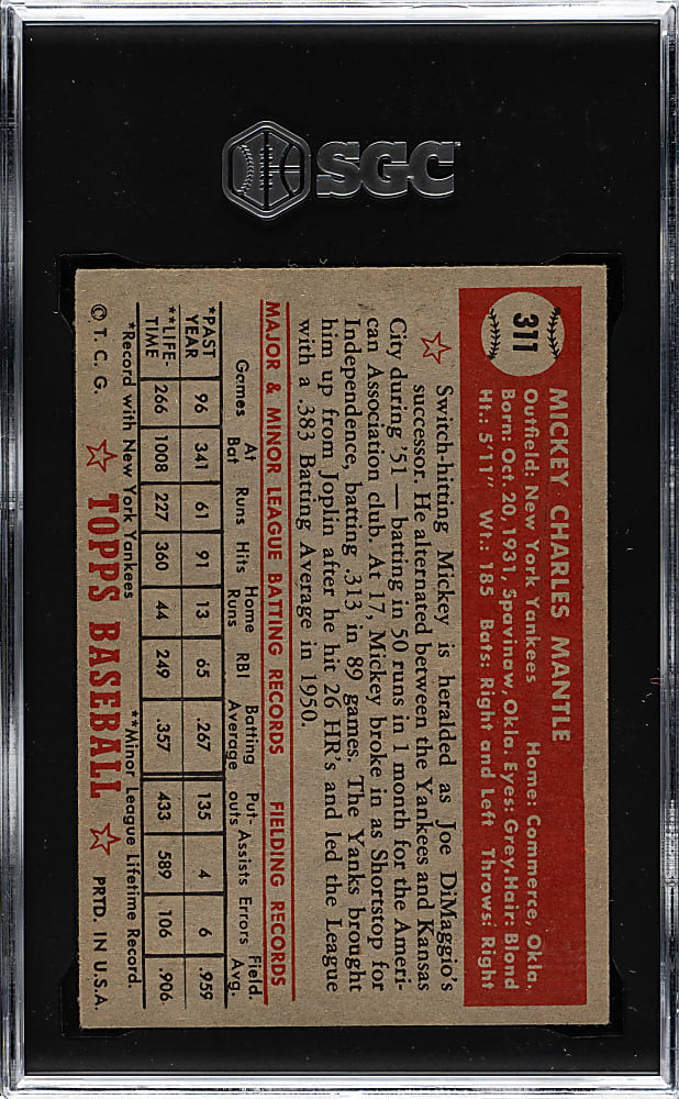1952 Topps #311 Mickey Mantle SGC EX 5
