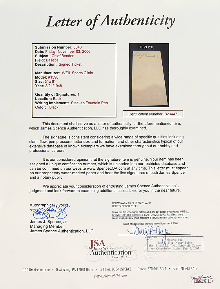 Chief Bender Signed Ticket- JSA