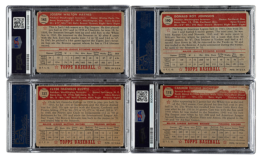 1952 Topps "Canadian" Gray Back Washington Senators PSA-Graded Complete Team Set (4)