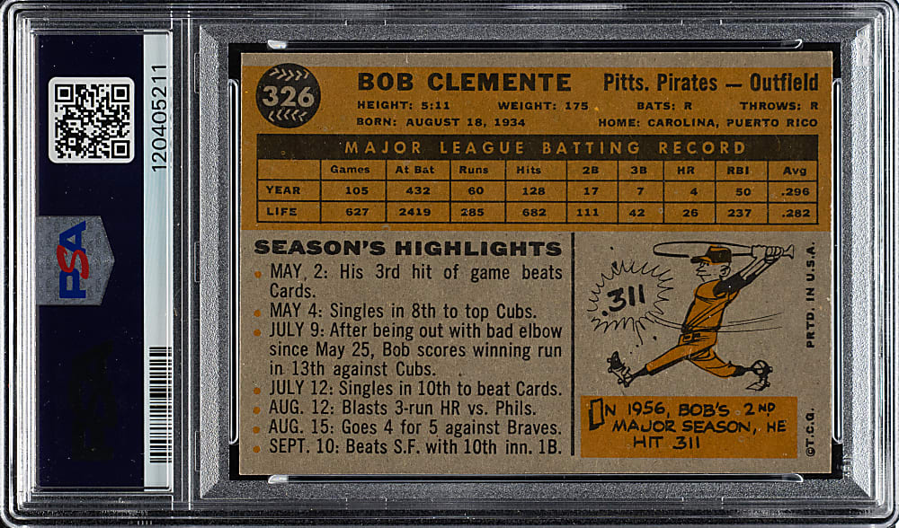 1960 Topps #326 Roberto Clemente PSA EX 5 - Signed by Roberto Clemente Jr. (Son) - GEM MINT 10 Signature