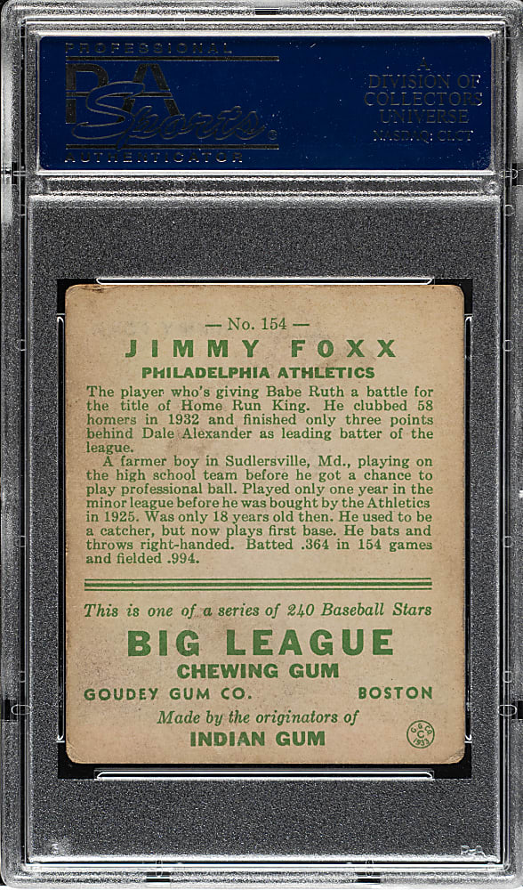 1933 R319 Goudey #154 Jimmy Foxx PSA VG-EX 4