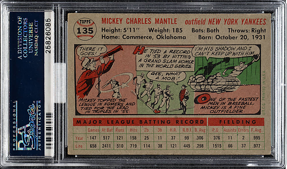 1956 Topps #135 Mickey Mantle Gray Back PSA VG-EX 4 (MBA Silver Diamond)