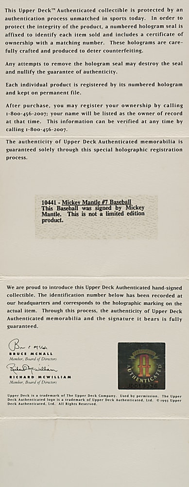 Mickey Mantle Single-Signed Baseball with "NO. 7" Inscription - Upper Deck