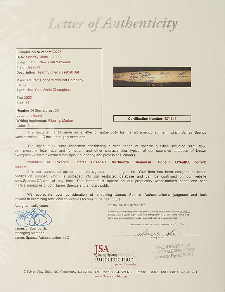 2000 New York Yankees World Champions Team-Signed Cooperstown Bat with Derek Jeter and Mariano Rivera - JSA