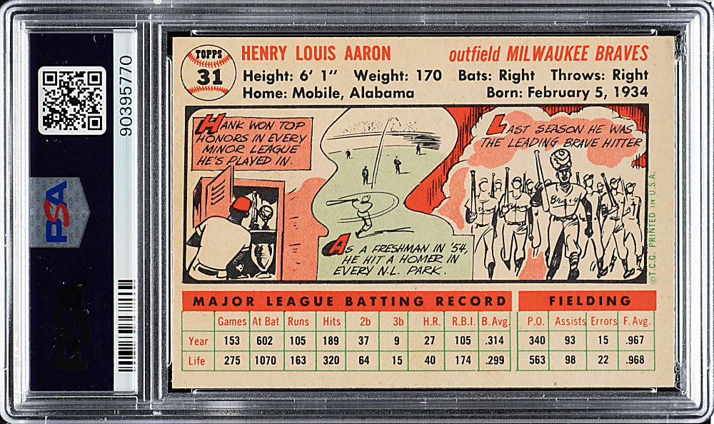 1956 Topps #31 Hank Aaron White Back PSA MINT 9