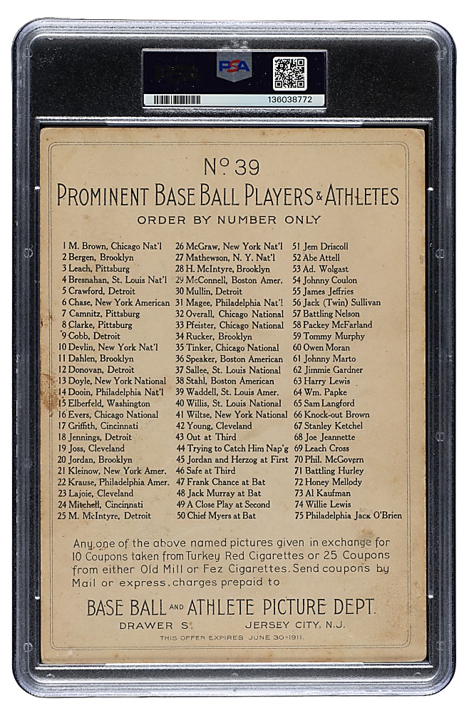 1911 T3 Turkey Red #39 Rube Waddell PSA GOOD 2