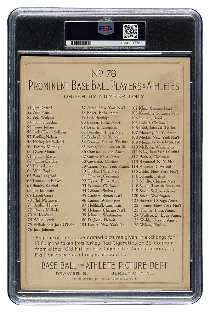 1911 T3 Turkey Red #78 Frank "Home Run" Baker PSA GOOD 2