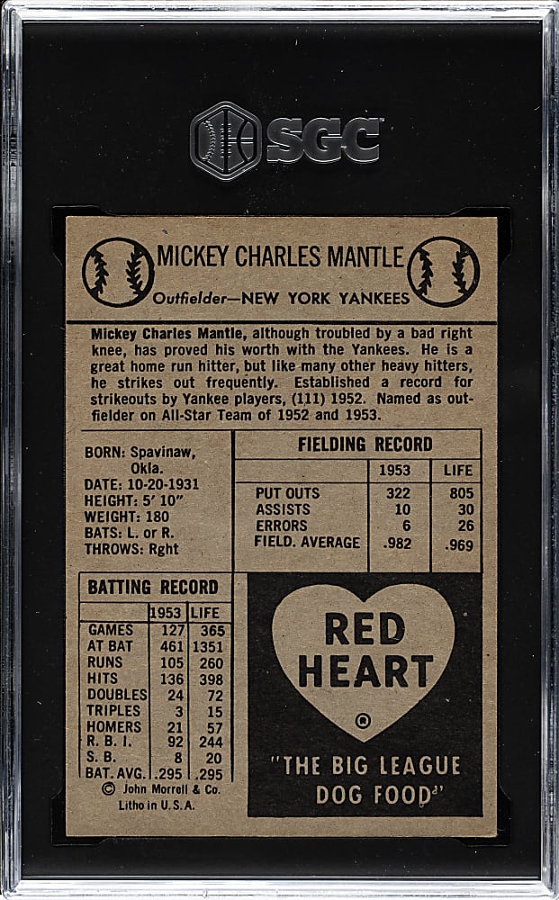 1954 Red Heart Dog Food Mickey Mantle SGC NM 7