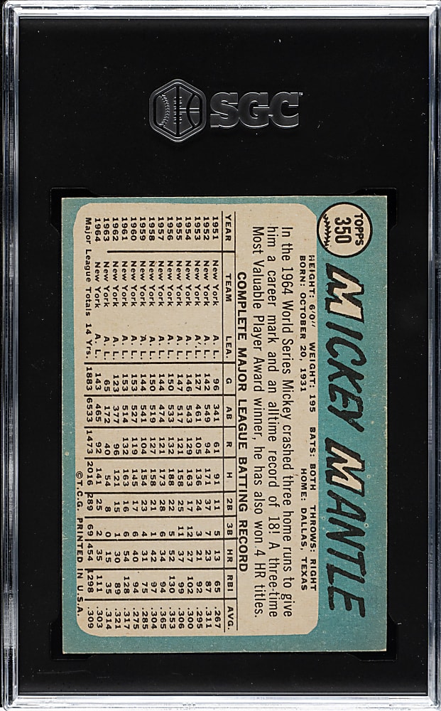 1965 Topps #350 Mickey Mantle SGC NM/MT 8