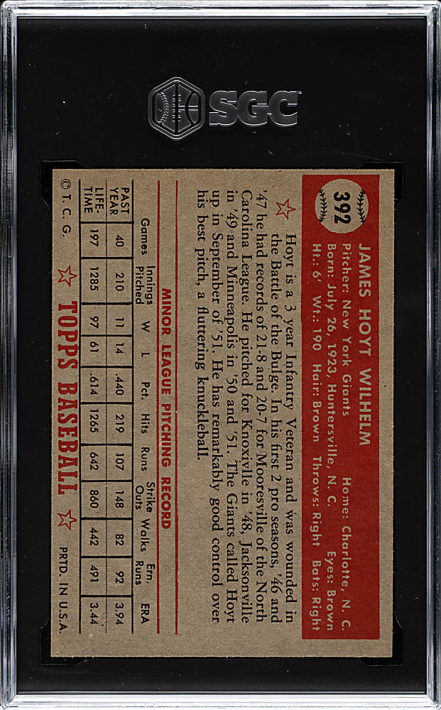 1952 Topps #392 Hoyt Wilhelm Rookie High Number SGC NM/MT+ 8.5