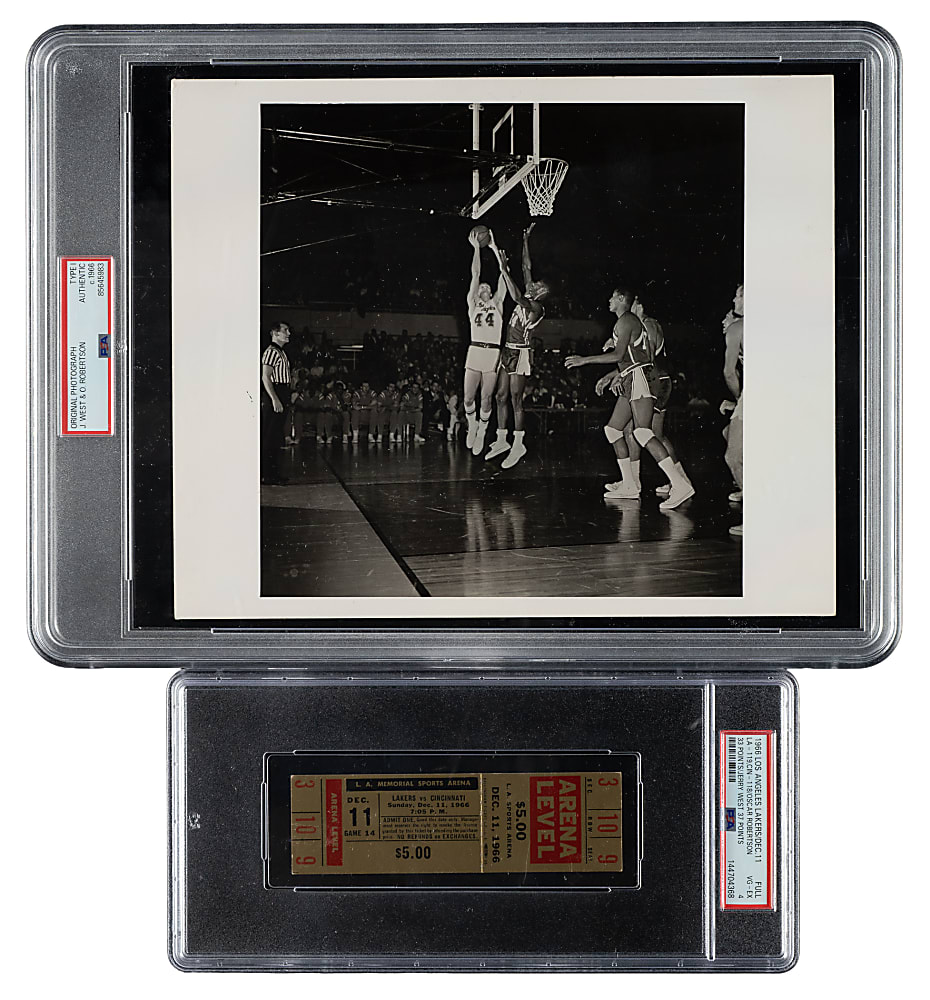 December 11, 1966 Los Angeles Lakers (vs. Cincinnati Royals) Full Ticket PSA VG-EX 4 Plus Original PSA/DNA Type I Photograph From the Same Game - Oscar Robertson 33 Points and Jerry West 37 Points