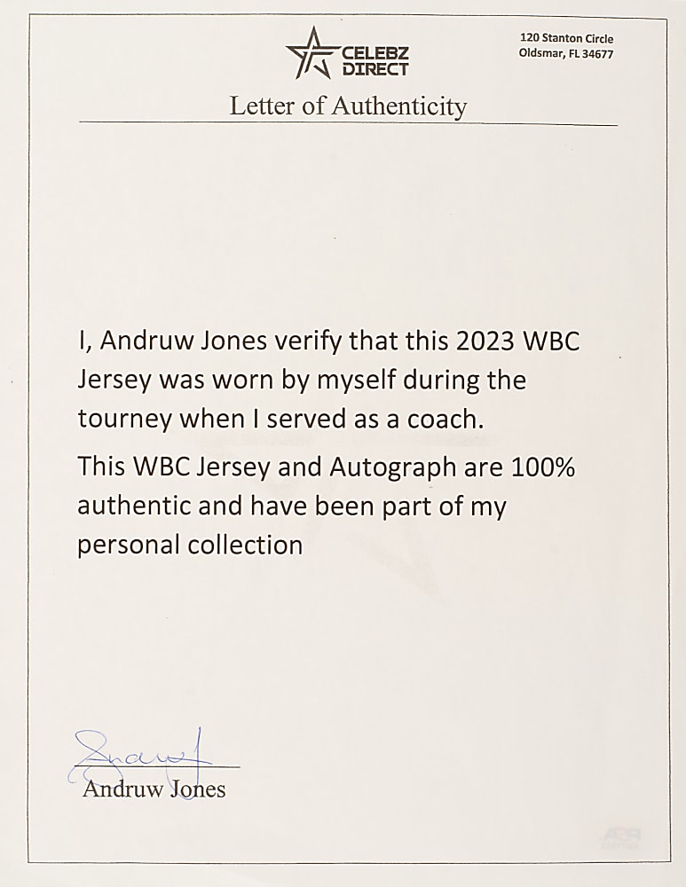 2023 Andruw Jones The Netherlands World Baseball Classic Signed Coach-Worn Jersey- Direct Player Provenance