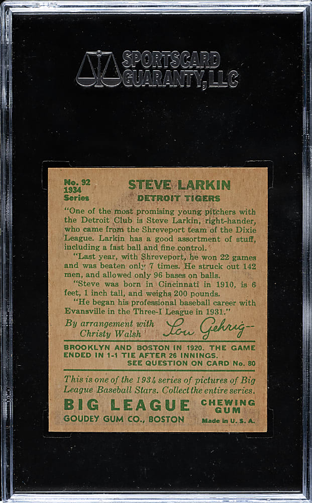1934 R320 Goudey #92 Steve Larkin SGC NM/MT 88