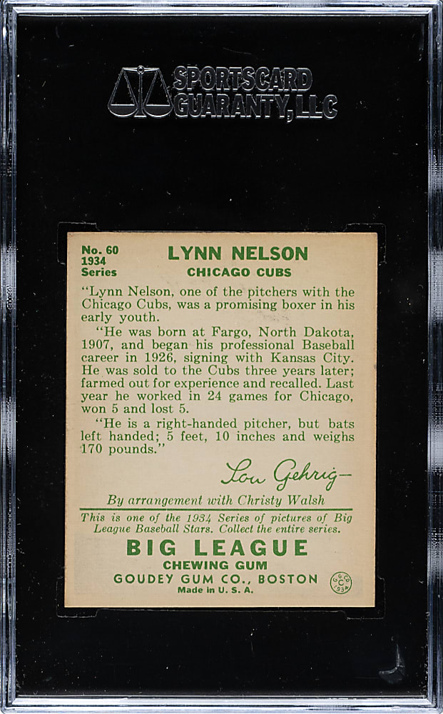 1934 R320 Goudey #60 Lynn Nelson SGC NM/MT 88 - Highest Graded!