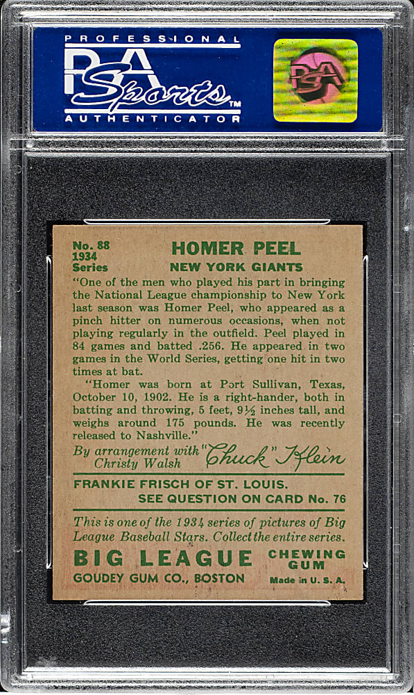 1934 R320 Goudey #88 Homer Peel PSA NM-MT 8
