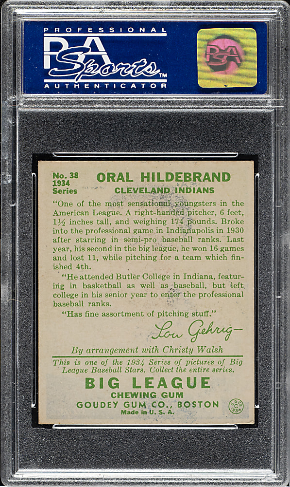 1934 R320 Goudey #38 Oral Hildebrand PSA NM-MT 8