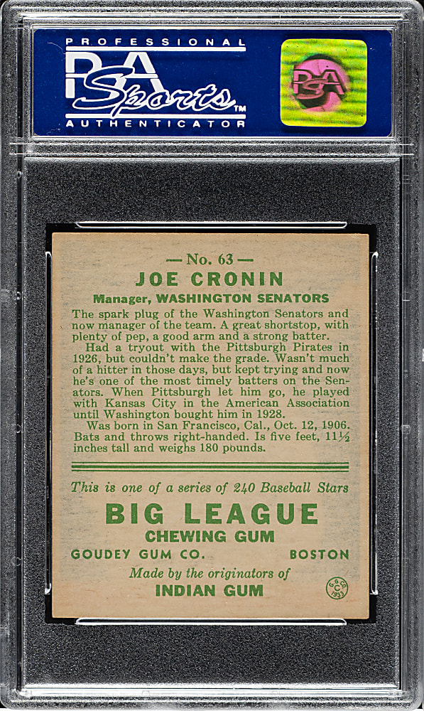 1933 R319 Goudey #63 Joe Cronin PSA NM-MT 8