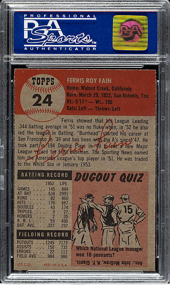1953 Topps #24 Ferris Fain PSA MINT 9 - Highest Graded!