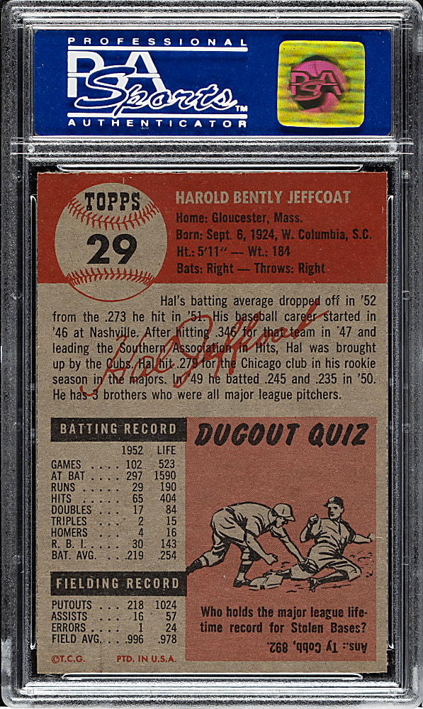 1953 Topps #29 Hal Jeffcoat PSA MINT 9 - Highest Graded!