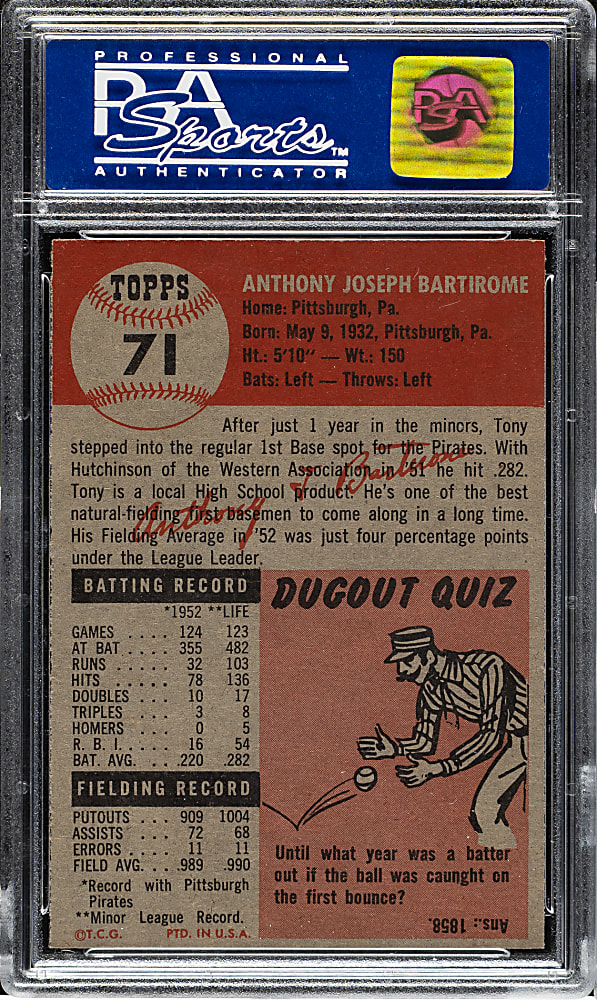 1953 Topps #71 Tony Bartirome PSA MINT 9 - Highest Graded!