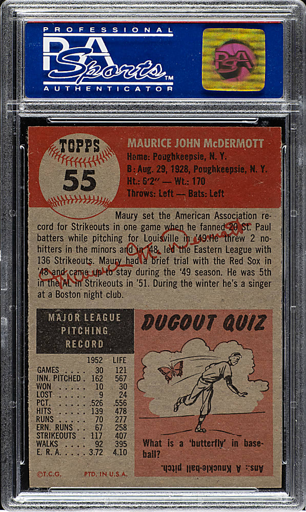 1953 Topps #55 Maurice McDermott PSA MINT 9 - Highest Graded!