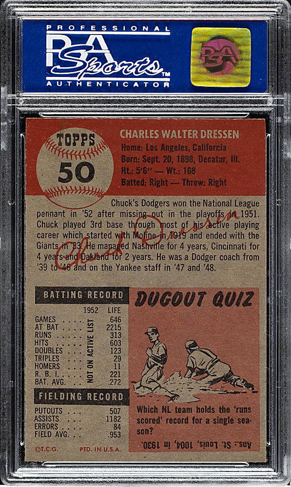 1953 Topps #50 Chuck Dressen PSA MINT 9 - Highest Graded!