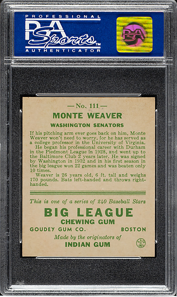 1933 R319 Goudey #111 Monte Weaver PSA NM 7