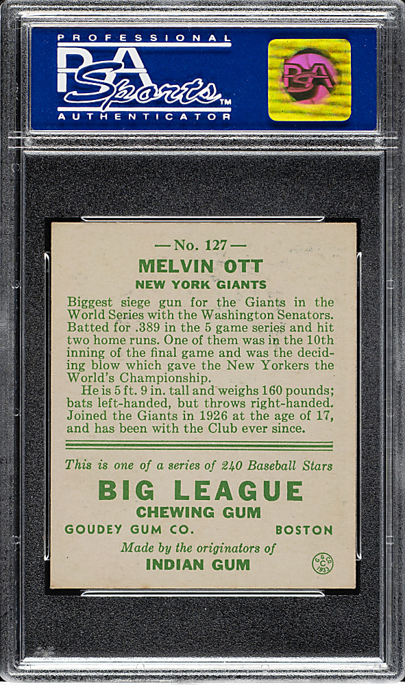 1933 R319 Goudey #127 Mel Ott PSA NM 7