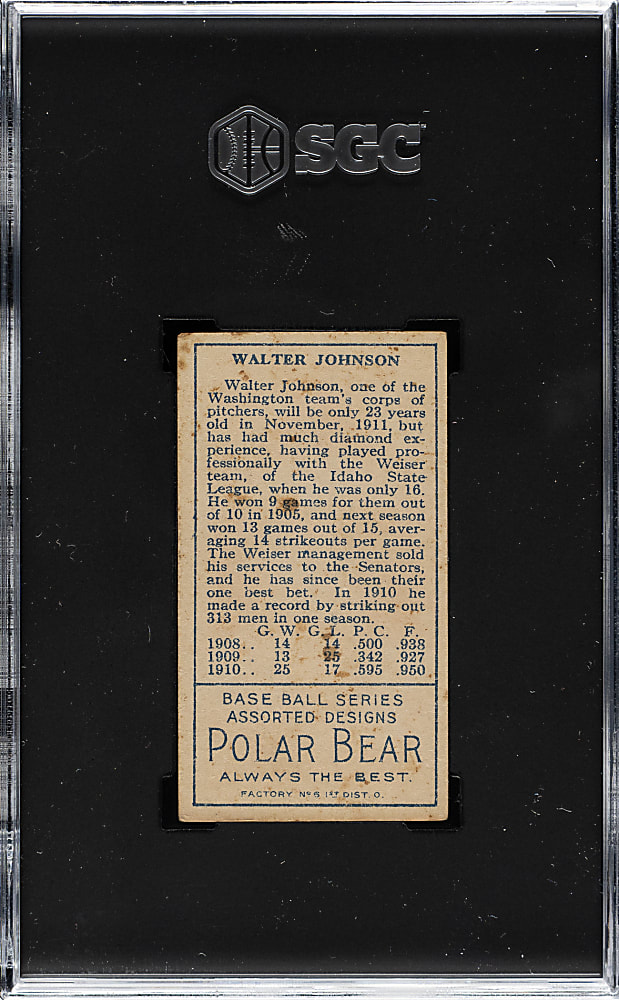 1911 T205 Gold Border Walter Johnson SGC VG+ 3.5 - Polar Bear Back