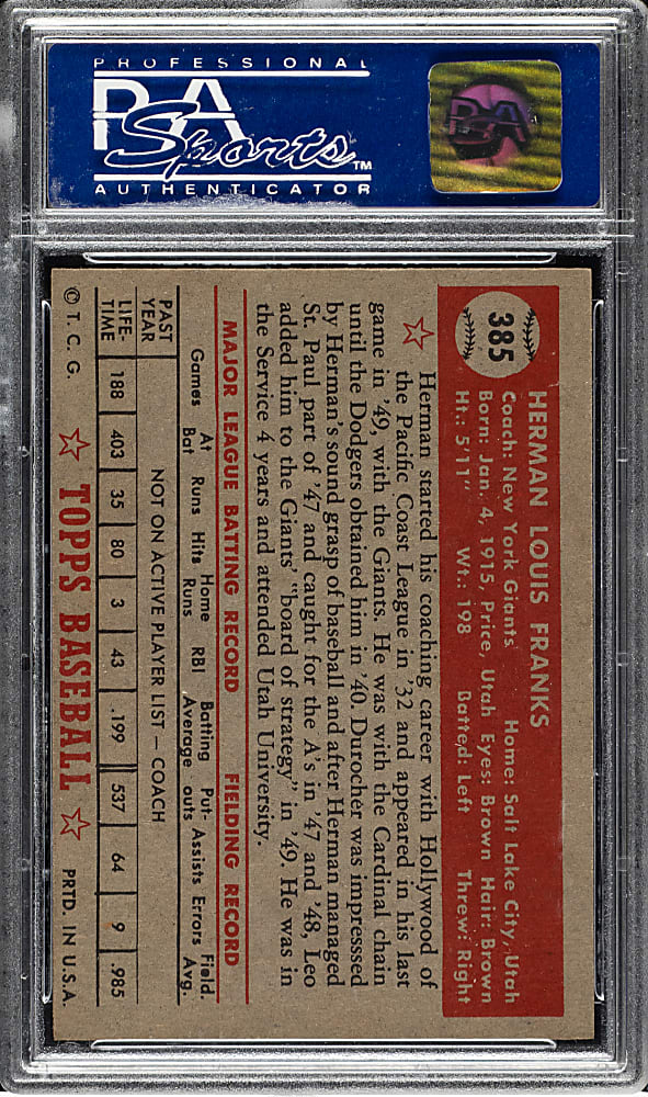 1952 Topps #385 Herman Franks High Number PSA NM-MT 8