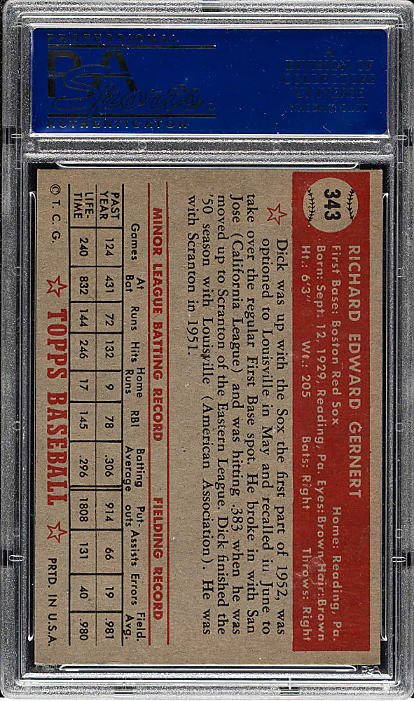 1952 Topps #343 Dick Gernert High Number PSA NM-MT 8